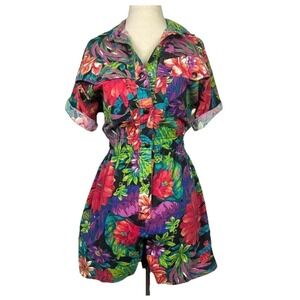 Vintage 80s Tropical Floral Romper Size P Retro Beachy Vacation Hawaiian